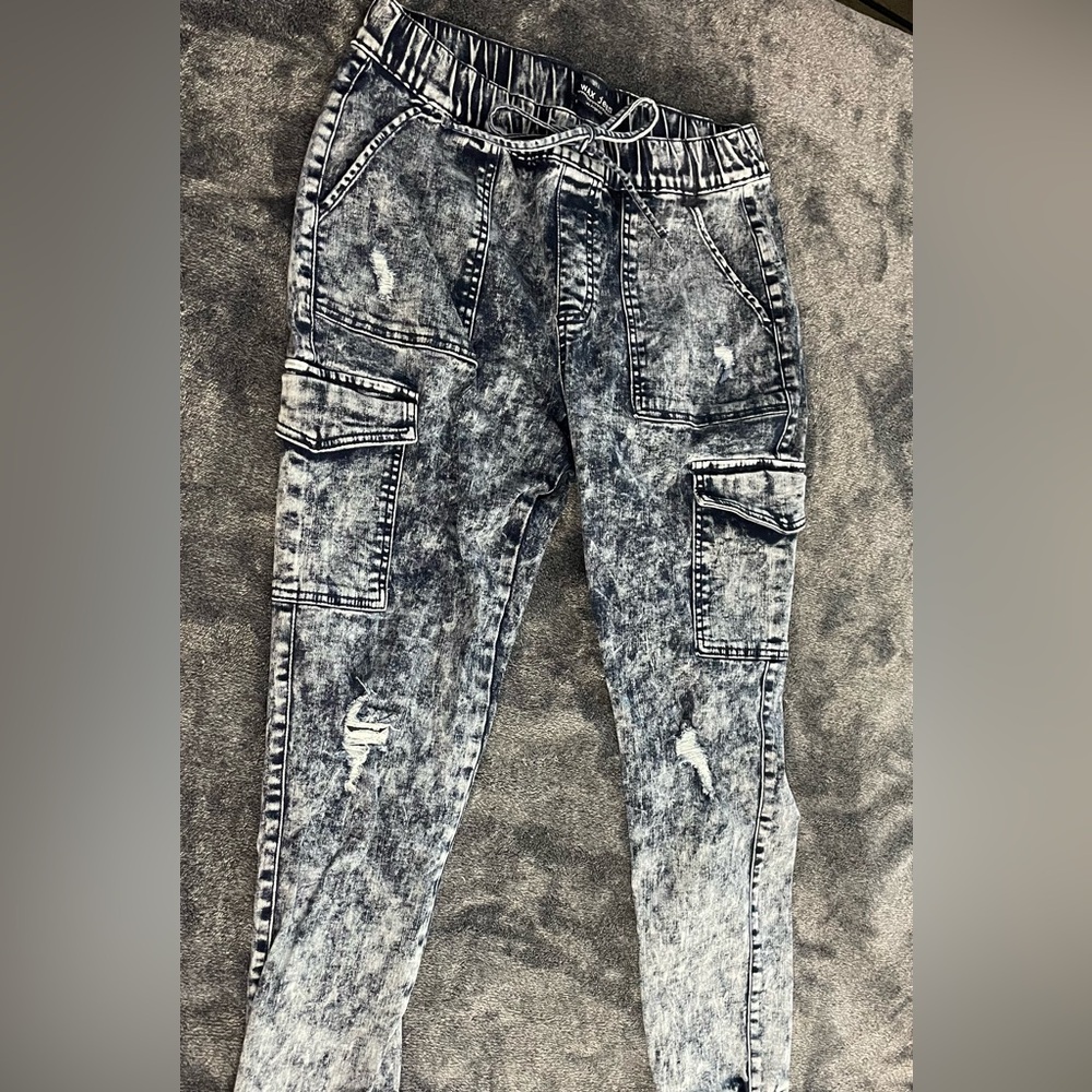 Wax Jean Acid Wash Jogger Jeans Cargo Pockets Stretch Elastic Waist Women's